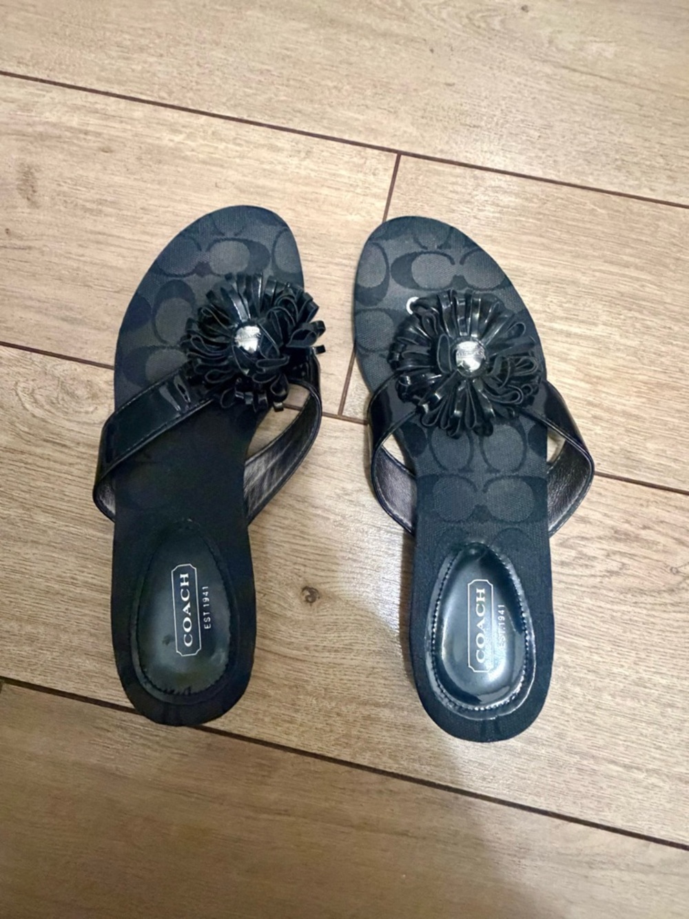 Coach Black Floral Appliqué Slide Sandals